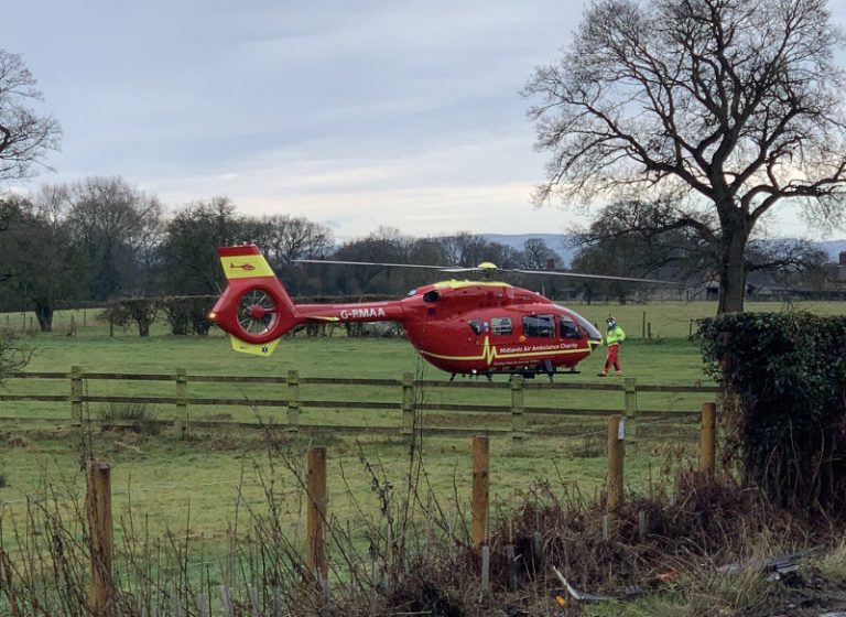 The Midlands Air Ambulance attended the collision landing in a field next to the A53. Photo: @ShrewsburyCops