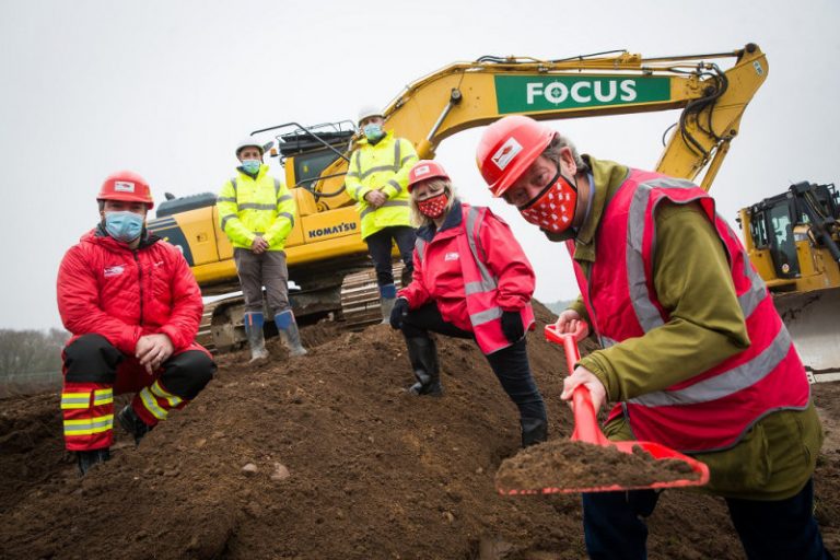 Midlands Air Ambulance Charity marks the start of its momentous new facility. L-R Ian Jones – MAAC Air Operations Manager, Mike Jones from Morris Property, Glyn O'Hara from Morris Property, Hanna Sebright – MAAC Chief Executive and Roger Pemberton – Chair of MAAC Board
