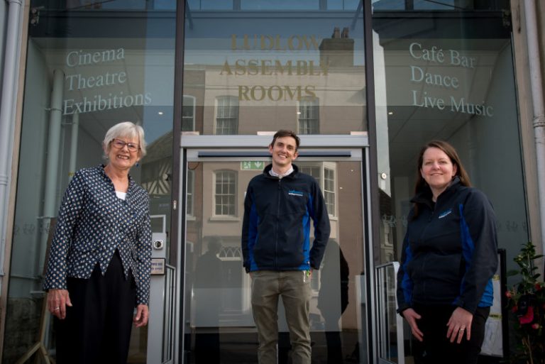 Ludlow Assembly Rooms CEO Helen Hughes, site manager Joe Price and Pave Aways’ Commercial Director Victoria Lawson at the newly refurbished Assembly Rooms