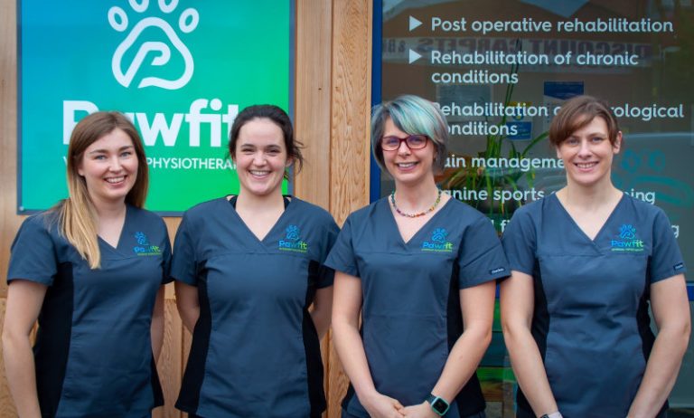 Kate Oultram, qualified veterinary physiotherapist; Fran Germain, qualified veterinary physiotherapist and human sports therapist; Heather Venables, Owner of Pawfit and qualified veterinary physiotherapist; Suzi Zawistowicz, qualified hydrotherapist