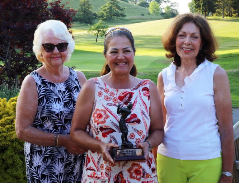 Vivian Catterall Presented her Trophy for the best Nett Score to Soheila Stadnik with Lady Captain, Carrie Lees
