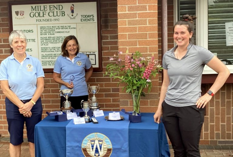 County President Angela Hinton, Hilary Fowles County 1st team Captain and Sophie Johnson the 2021 Shropshire County Ladies Champion. Photo: Carrie Lees (Bridgnoth GC Ladies Captain)