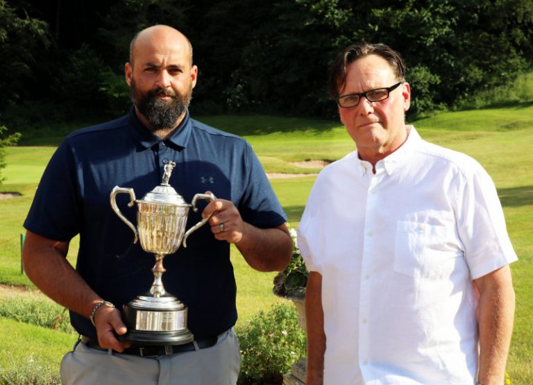 2021 Club Champion Richard Pearson Holding the Wetton 36 Hole Scratch Cup Presented by Club Vice Captain Dave Lewis. Photo: Mike Purnell