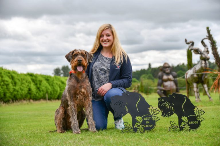British Ironwork Centre Marketing Manager and GWP Secretary, Alice Turnbull with Chilli along with donated trophies.