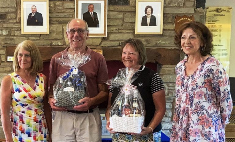 Organiser Vanessa Statham with winners - Philip Ward & Bobby Darley and Ladies Captain - Carrie Lees. Photo: Paul Foster