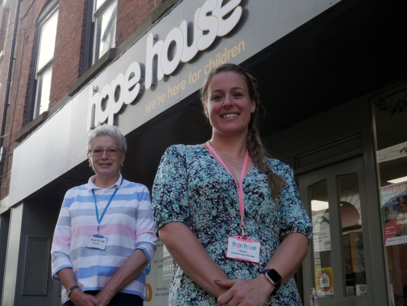 Shop manager Emma Gibson and volunteer Carole Atack outside the Ludlow store