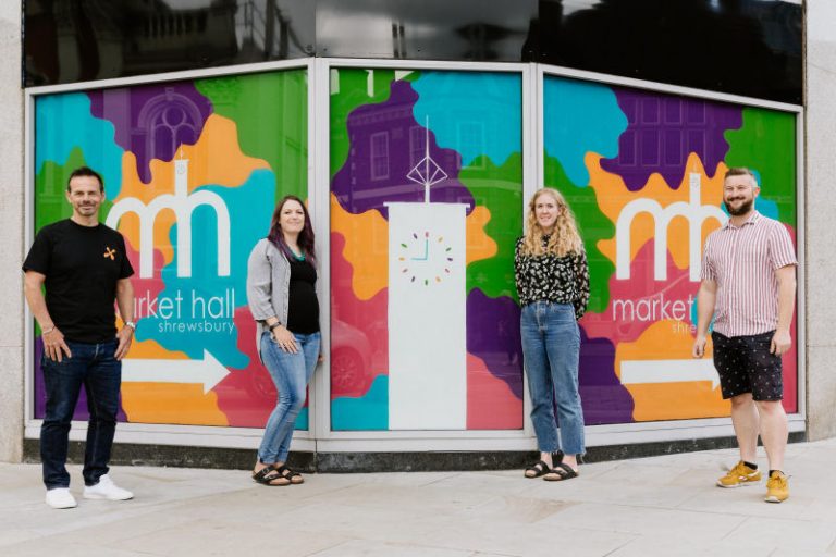 Pictured by the colourful window is Robin Nugent from Glouglou and Petit Glou, Emma Molyneux from Shrewsbury BID, Darren Tomkins from Gindifferent, and the artist Emma Williams