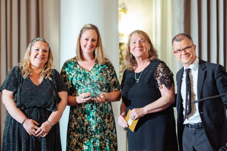 Abi Baker and Sam Brown of Derwen College with Dorothy Muir, National Engagement Manager at Brain in Hand and Dominic Holland, nasen 2021 Award Host