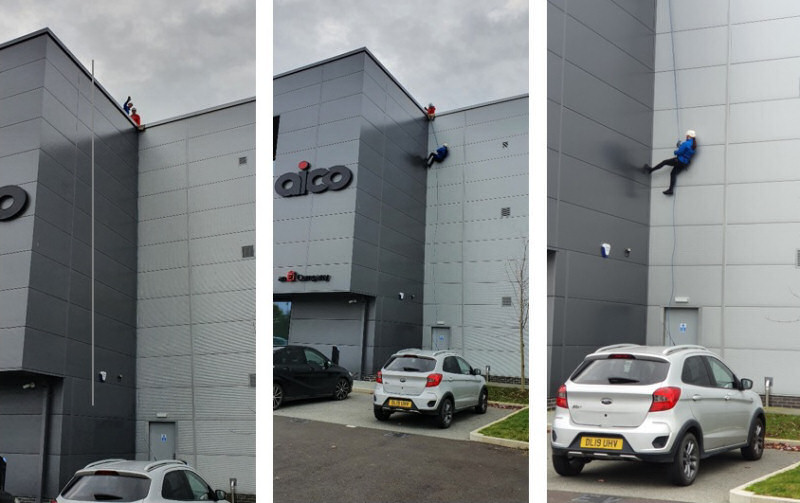 Ruth Ross abseils 60ft down the Aico building in Oswestry