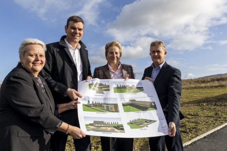 At the site of the new Allscott school are, from left, Councillor Shirley Reynolds, Mike Sambrook of SJ Roberts Construction Limited, LCT chief executive Dr Gill Eatough, and LCT chair Mike Briscoe
