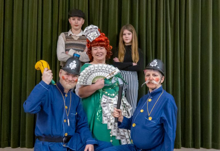 Welshampton pantomime costumes designed by Liza Ashby modelled by left to right, Simon Airey, Felix Williams, Dawn Edwards, Poppy Cawkwell and Poppy Hoole