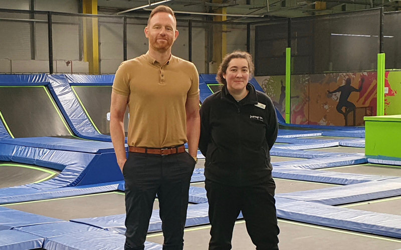 Gavin Cowan, managing director of Crossbar Education in Sport, and Carrie Lewis, customer sales manager for Shrewsbury’s Jump In trampoline park