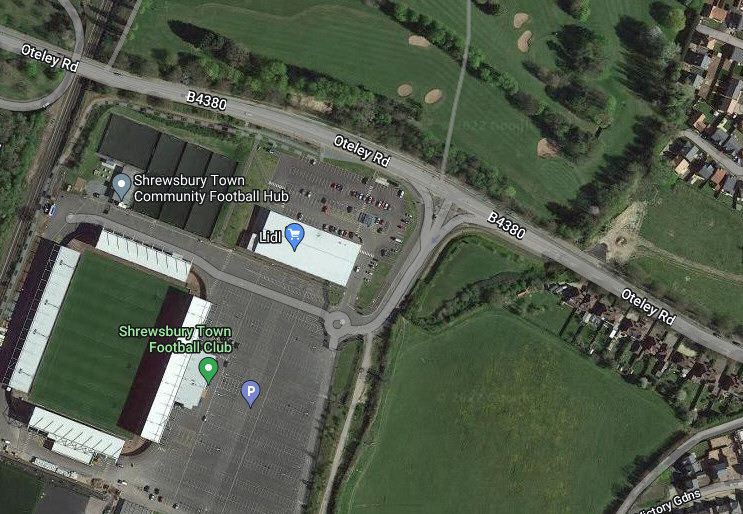 The site is located next to the Shrewsbury Town Football Club and Lidl supermarket, just off Oteley Road. Image Google Maps