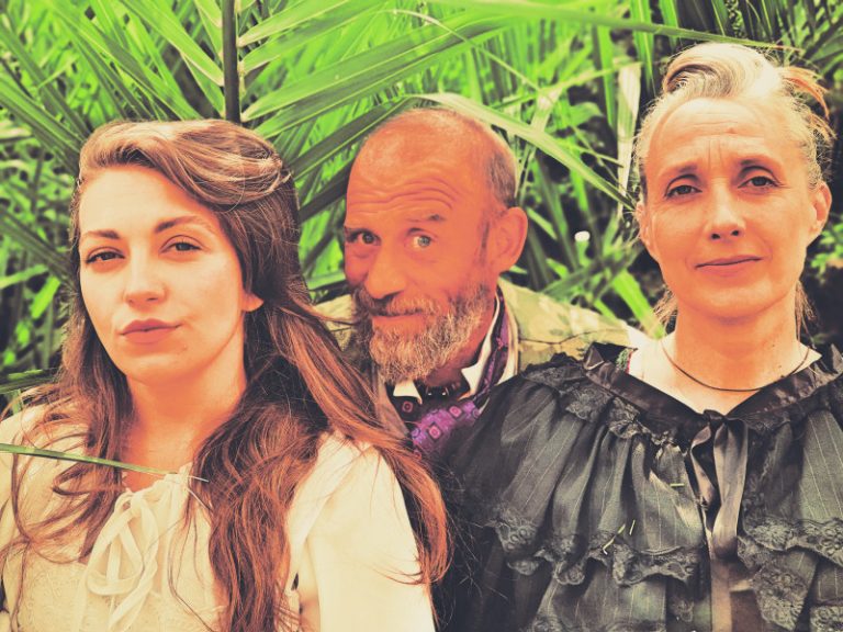 Jenny Trapp as Mistress Ford, Jay Joel as Falstaff and Heather Roan as Mistress Page in British Touring Shakespeare's Merry Wives of Windsor. Photo: T Thornhill