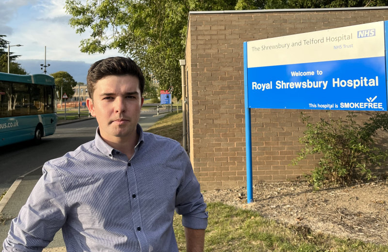 Councillor Alex Wagner outside the Royal Shrewsbury Hospital