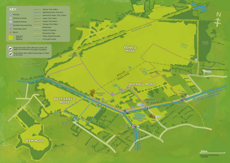 Map showing the six walking trails on the Marches Mosses