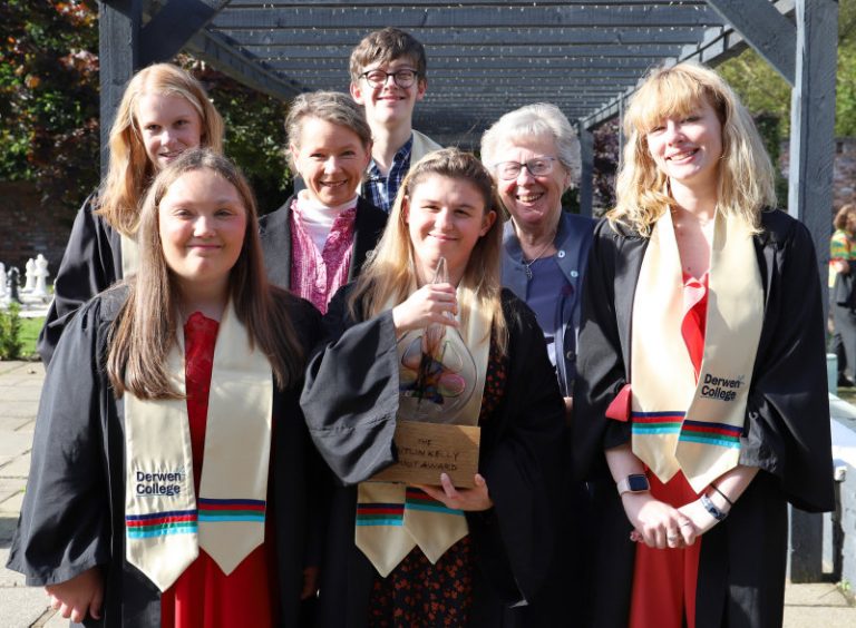 Derwen College graduates Sophie, Isobel, Joe, Mary and Anna with High Sheriff of Shropshire Selina Graham and Derwen College Chair of Governors Kathleen Kimber