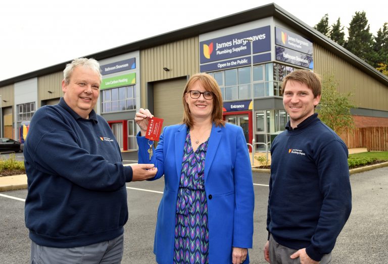 On left Russell Pengelly, Branch Manager and right Jack James, Assistant Manager of James Hargreaves Plumbers and central Liz Lowe, Morris Property