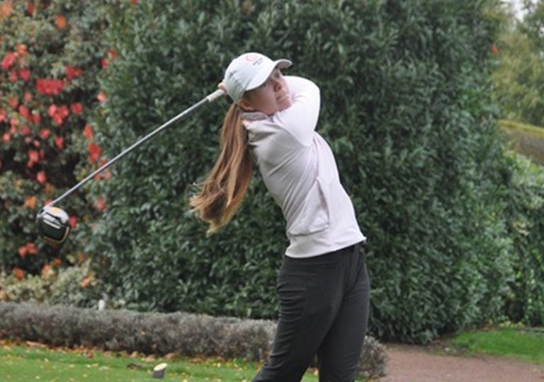 Isla tees off for a practice session at the first hole at the Condover club
