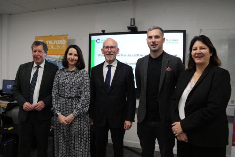 Graham Guest, principal of Telford College and Marches LEP skills champion, Rachel Laver, Paul Kalinauckas, Steve Parry and Tracy Sherratt