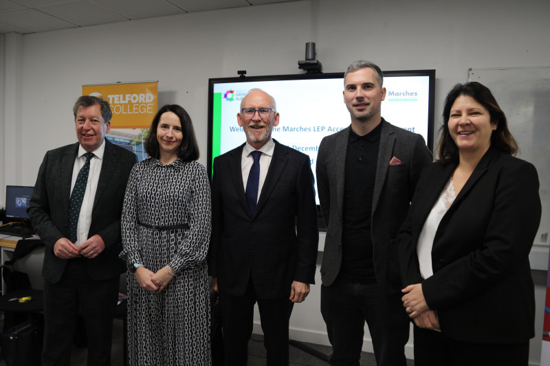 Graham Guest, principal of Telford College and Marches LEP skills champion, Rachel Laver, Paul Kalinauckas, Steve Parry and Tracy Sherratt