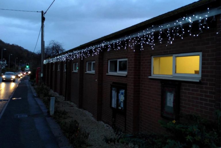 Pant Memorial Hall lit up with solar powered Christmas lights