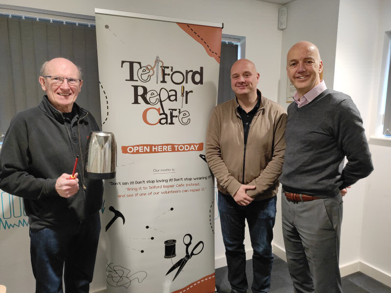 Willie Gormley, volunteer at the Telford Repair Cafe, Councillor Lee Carter and Steve Mitchell, regional director for Veolia