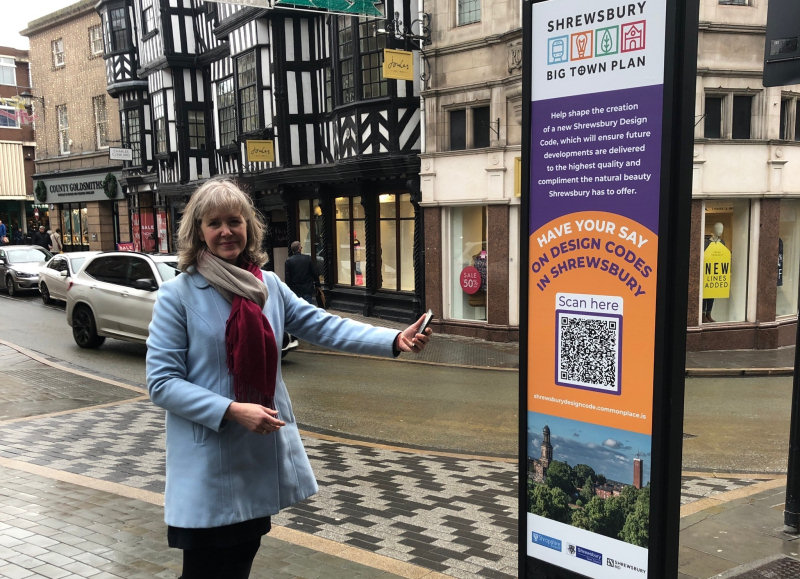 Lisa Richards, Design Code Project Manager for Shropshire Council, with one of the QR code pillars in Shrewsbury town centre