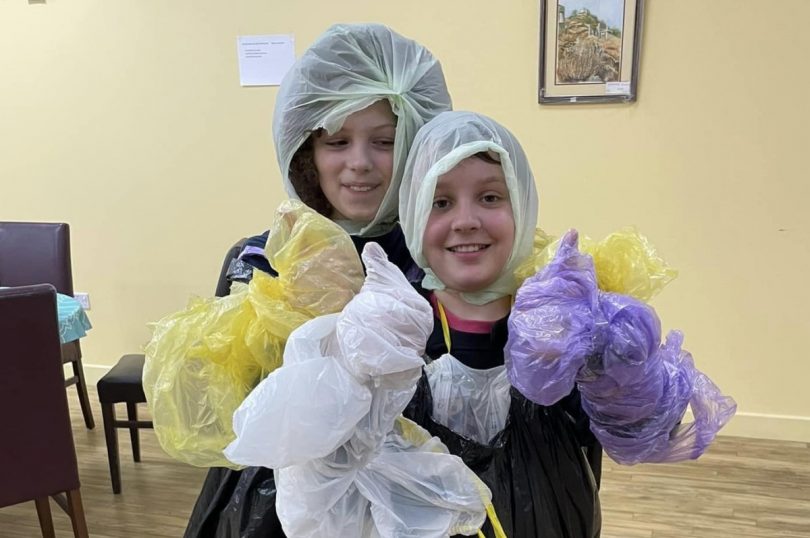 Leon Morris and Charlie Haywood enjoying the bin bag fashion theme at Whitchurch Youth Club