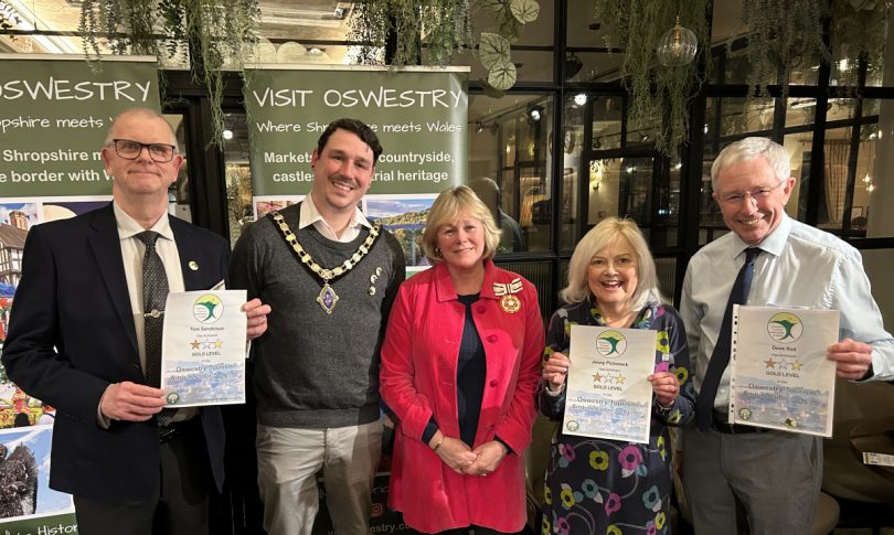 Tom Sanderson, Jay Moore (Oswestry Mayor), Mrs Veronica Lillis, Deputy Lord Lieutenant of Shropshire, Jenny Pickstock and Dave Roll