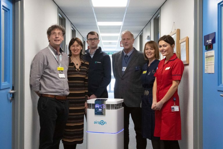 The LoF Executive Chairman Richard Steventon presents Hayley Flavell, SaTH’s Director of Nursing, and Janette Pritchard, Lead Nurse Infection Prevention and Control, with the Inivos Ltd air filters. They are pictured with Dr Stephen Jones, a Consultant Microbiologist; Sue Hurdiss, of LoF and Grant Lyon, of Inivos