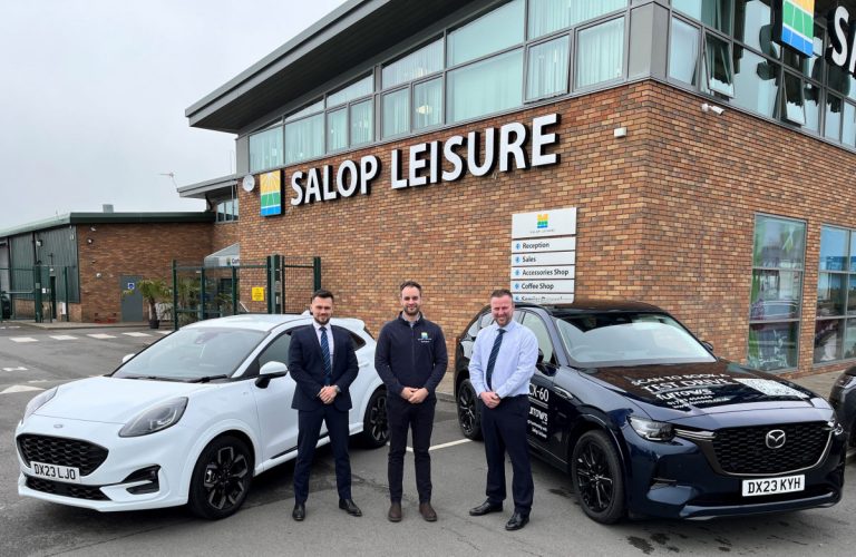 Group new car sales manager Dan Foskett (right) and Mazda and Kia new car sales manager Joshua Wigston (left) from Furrows Group deliver the demonstrator Mazda CX-60 to Salop Leisure’s marketing manager Ed Glover