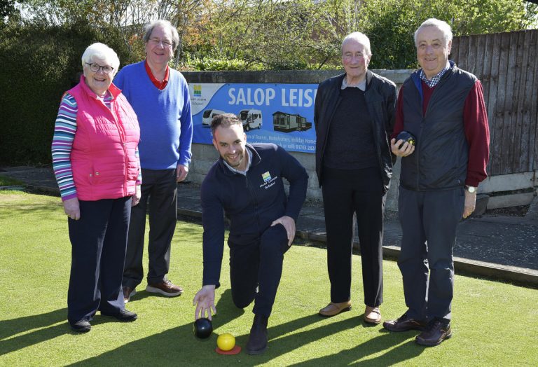 Salop Leisure’s marketing manager Ed Glover (kneeling) with Shrewsbury Senior Citizens Bowling League treasurer Margaret Cooper, secretary Chris Kershaw, chairman Roger Whitfield and deputy chairman Martin Blizard at Meole Brace Bowling Club