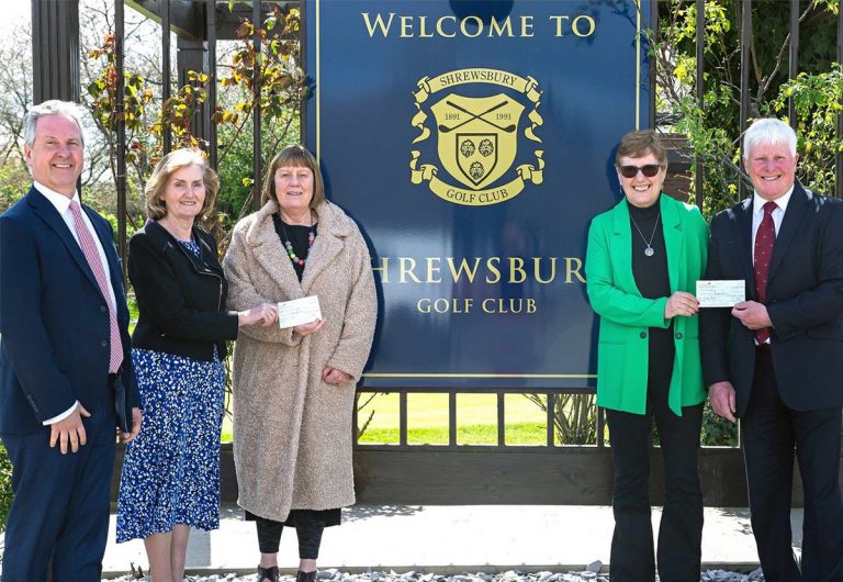 Shrewsbury Golf Club Director Graham Newton, Ladies Captain Mary Saull, Shropshire Mental Health Trust Chief Executive Officer Heather Ireland, Irene Ferguson, from Axis Counselling with Men’s Captain Ade Price