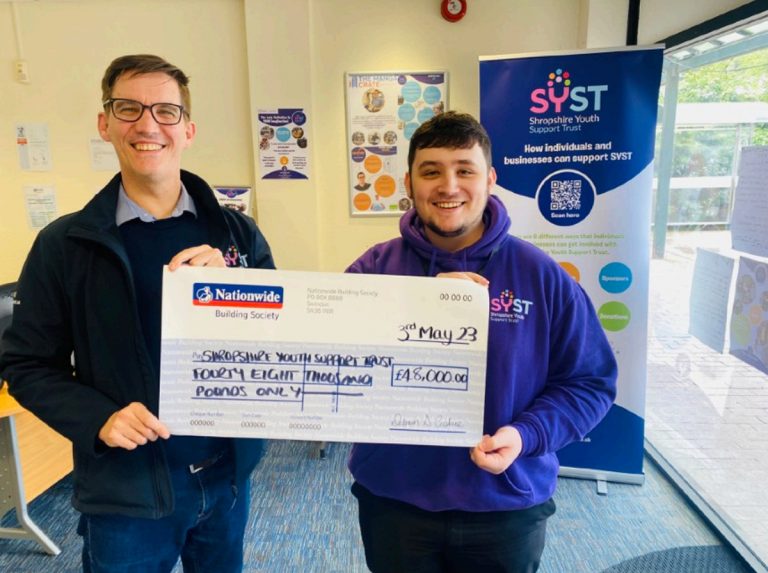 Pictured, Richard Nuttall and Luis Morgan from SYST receiving the cheque from Nationwide Building Society