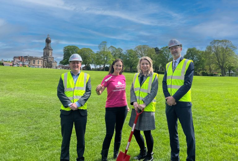 Representatives from Morris Property and Shropshire Festivals at Shrewsbury’s Quarry - James West (Chief Operating Officer) Beth Heath (Director of Fun), Claire Brown (Group Communications Manager) and Steve Flavell (Construction Manager)