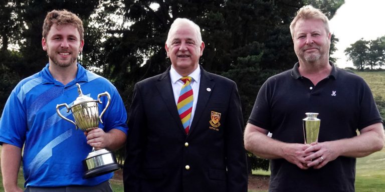 2023 Club Champion Callum Brown being presented with the Wetton (Scratch) Trophy and Neil Worton with the Dickson (Handicap) Trophy by the 2023 Mens Captain, Kelvin Jones. Photo: Mike Purnell