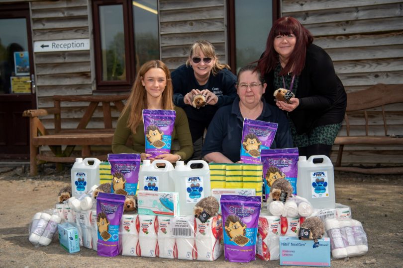 Vistry Mercia marketing manager Freya Halsall (left) and marketing assistant Natalie Powell (right) hand over the donation to Cuan Wildlife Rescue’s community fundraiser Deb Bolger (centre, left) and office manager Nikki Backhouse