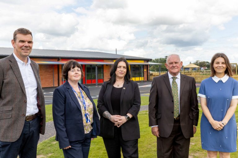 Mike Sambrook (SJ Roberts Construction Limited), Jane Huges (Learning Community Trust), Cllr Eileen Callear (T&W Council), Paul Cooper (Parish Councillor), and Kirsty Parkinson (Headteacher, Allscott Primary School)