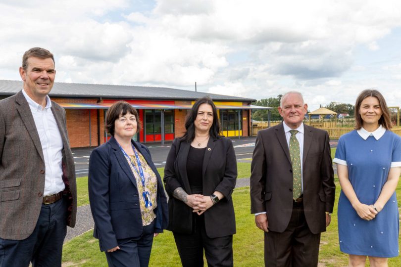 Mike Sambrook (SJ Roberts Construction Limited), Jane Huges (Learning Community Trust), Cllr Eileen Callear (T&W Council), Paul Cooper (Parish Councillor), and Kirsty Parkinson (Headteacher, Allscott Primary School)