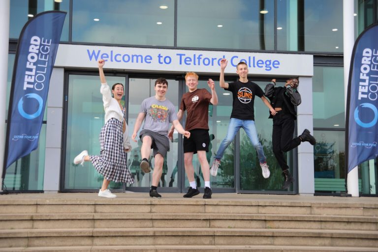 Telford College students celebrate their results, from left, Jess Howard, Alex Turner, Daniel McKeever, Macej Polita, and Sandra Akalh