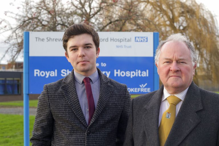 Pictured Alex Wagner and Bernie Bentick outside the Royal Shrewsbury Hospital
