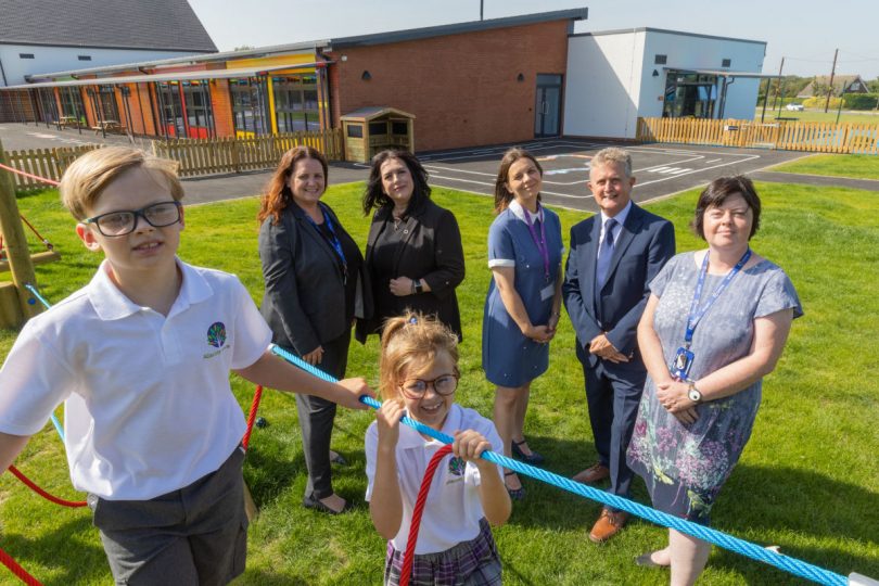 Front row – Pupils at Allscott Meads Primary School. Back row (left to right) – Maddie Griffin (Director of Primary Education, Learning Community Trust), Cllr Eileen Callear (Telford & Wrekin Council’s Cabinet Member for Education, Employment and Visitor Economy), Kirsty Parkinson (Headteacher of Allscott Meads Primary School), Mike Briscoe (Chair of Trustees for the Learning Community Trust), Jane Hughes (Chief Executive of the Learning Community Trust)