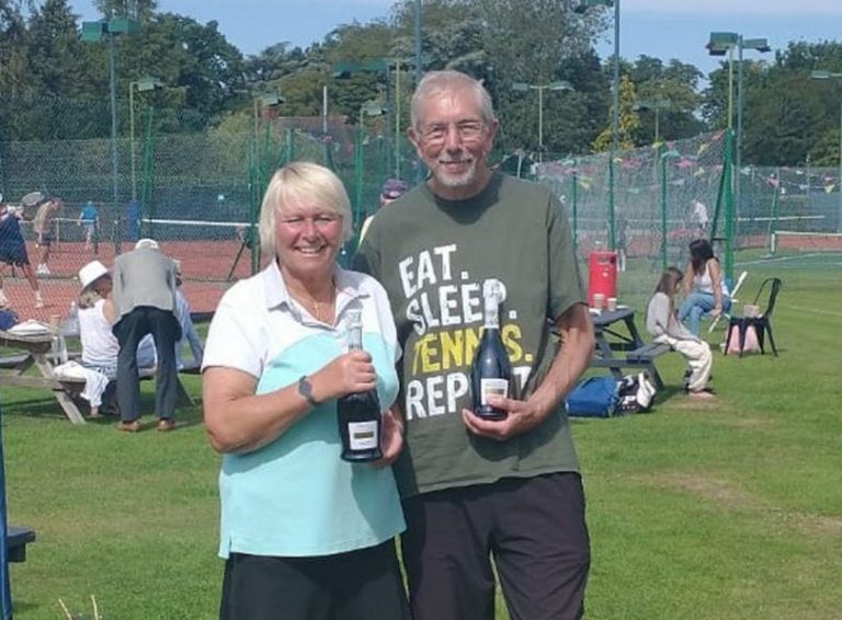 Shropshire tennis player Rob Rue, who has enjoyed a successful season playing in ITF tournaments, with Sally Walker after they won the 60+ mixed doubles titles at Gerrards Cross