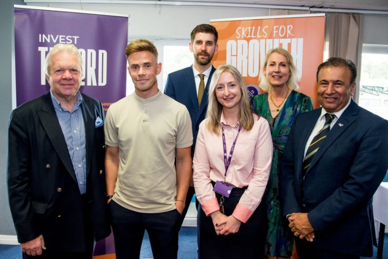 Telford Skills Support speakers from left, Graham Wynn OBE, Chair of Telford’s UKSPF Panel, Smash Life’s Andy Smith, Shropshire Chamber’s Matthew Lowe, Telford College CEO Janet Stephens, Katherine Kynaston, of Telford & Wrekin Council and Harper Adam’s Parmit Chima