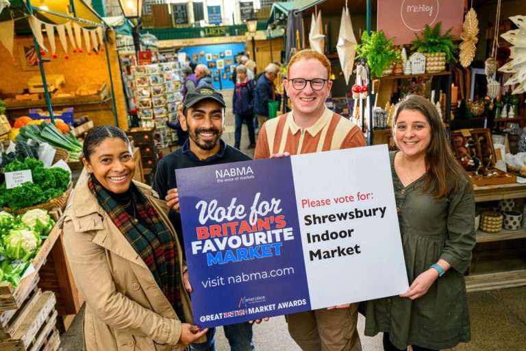 Market traders Nisa Mendez, Pabel Saha, Danny Williams and Louise Cartwright urge customers to vote for ‘Shrewsbury Indoor Market’ in the national hunt for Britain’s Favourite Market 2024)