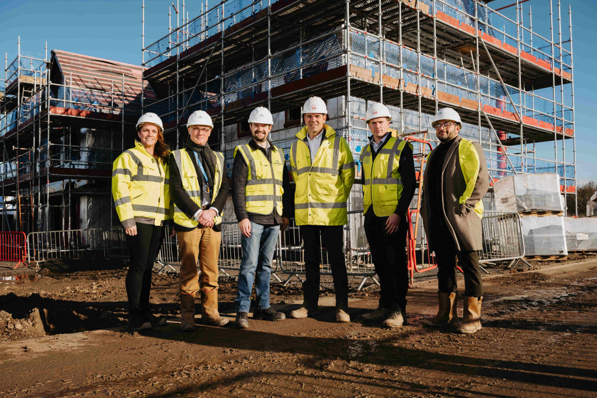 CDL head of development Emma Webster; CDL self-build and technical manager Simon Hodgetts; Shropshire Council Cabinet member for housing and assets Dean Carroll; SJ Roberts Construction Ltd managing director Mike Sambrook; SJ Roberts Construction Ltd, construction director Matthew Roberts; and CDL managing director Harpreet Rayet
