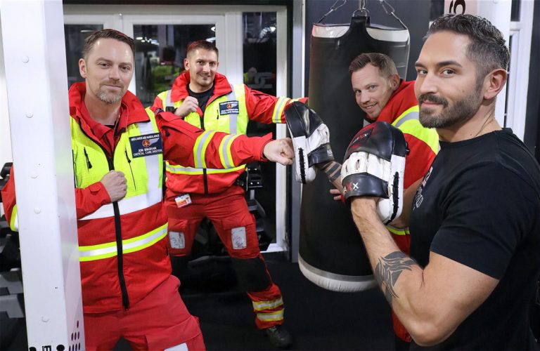 Ryan James, Dr Jon Bingham and Colin Apps (all Midlands Air Ambulance Charity) with David Corfield