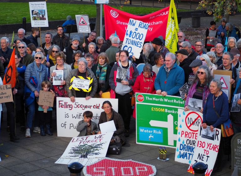 Campaigners against the road gathered outside Shirehall ahead of the meeting on Halloween. Photo: XR Shrewsbury