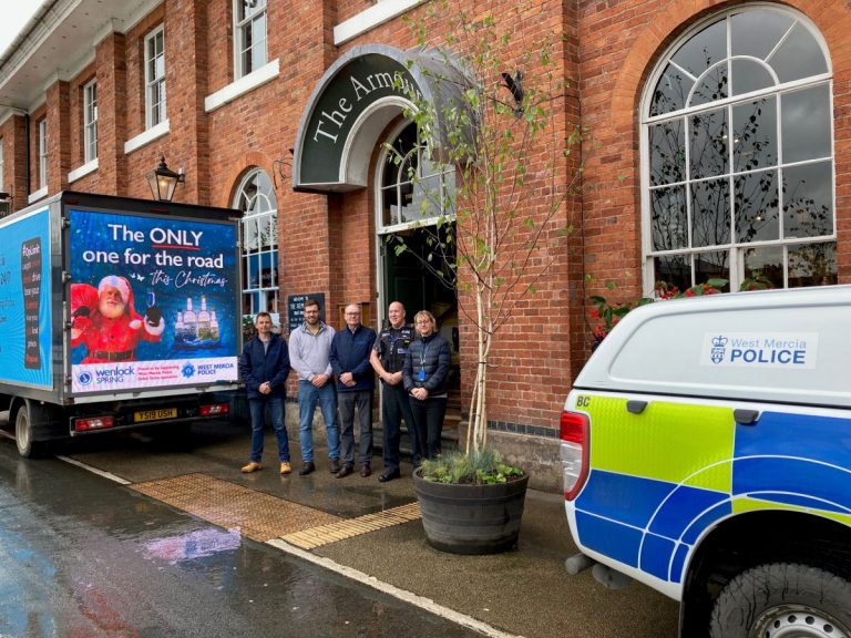 Wenlock Spring's Bruce Orme and Stephen Tuck with Tom Skone, manager of The Armoury in Shrewsbury, PC Stuart Coote and Vicki Bristow from the West Mercia Police Road Safety Team